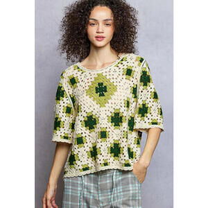 Round Neck Short Sleeve Color Pattern Crochet Top with Border Accents